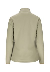 Beige blød fleecejakke med lange ærmer og høj krave, vist bagfra på en hvid baggrund.