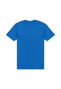 Modré bavlněné tričko, kulatý výstřih, krátké rukávy, jednobarevné, bez grafiky nebo vzorů, hladká textura, standardní unisex střih.