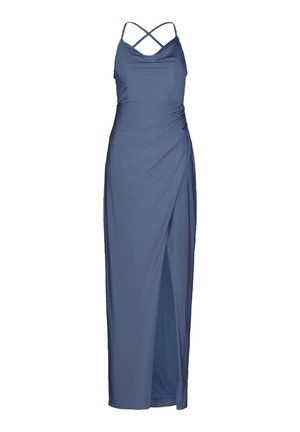 Blå ærmeløs kjole med rumlet design, krydsede stropper på ryggen, en sideslids og glat tekstur, der når anklerne.