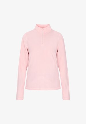Helles Rosa, Langarm-Pullover mit einem Halbzip-Kragen. Hergestellt aus weichem, glattem Stoff, mit einem einfachen, klaren Design ohne Muster.