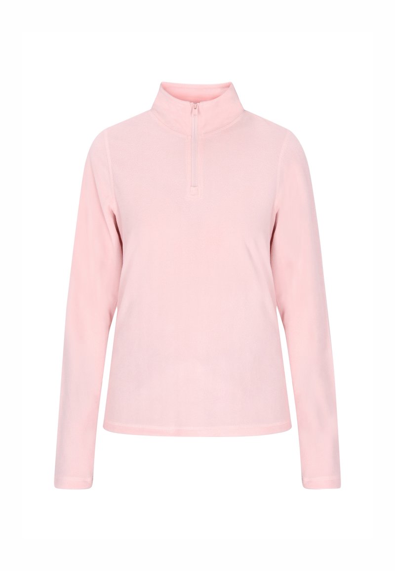 Pullover rosa chiaro a maniche lunghe con colletto a mezza zip. Realizzato in tessuto morbido e liscio, presenta un design semplice e pulito, senza motivi.