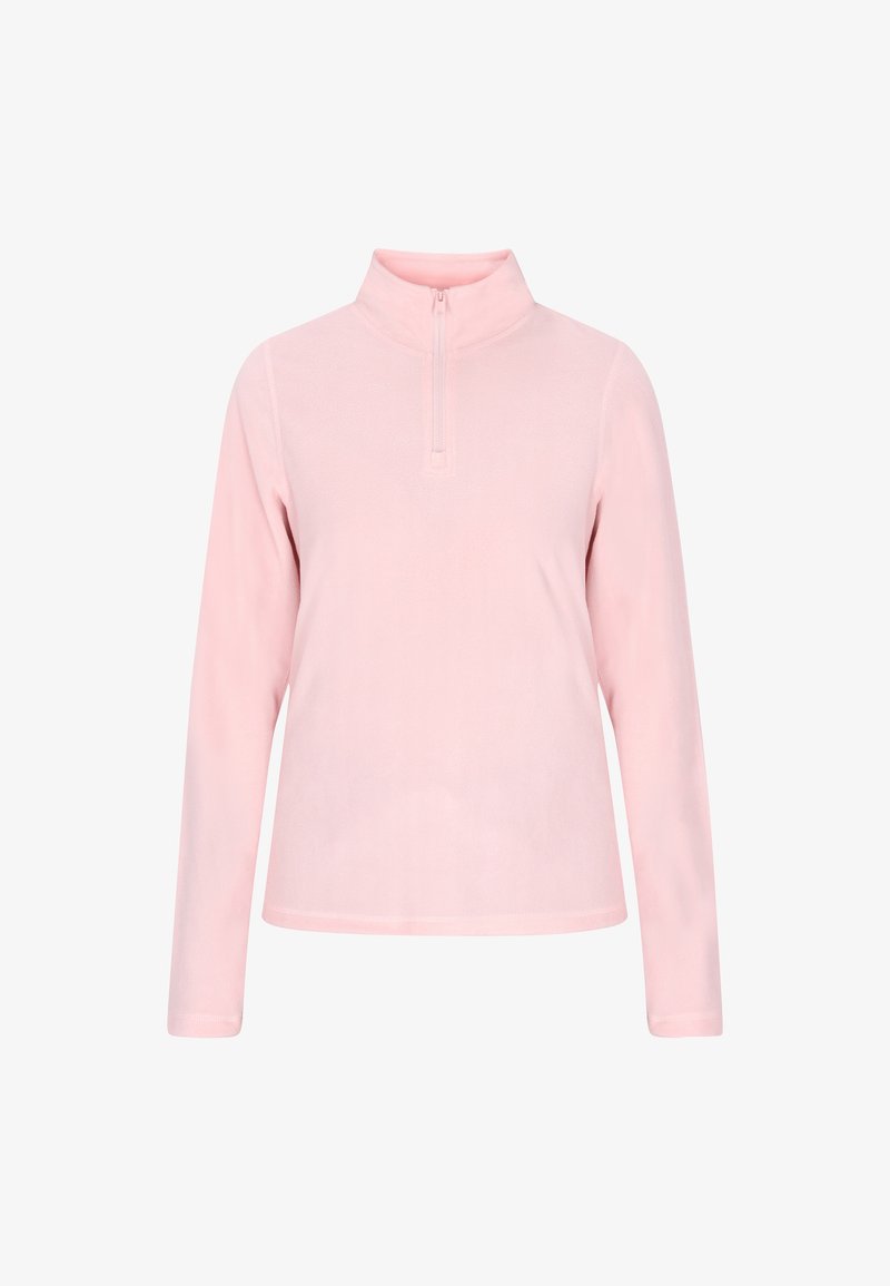 Pullover rosa chiaro a maniche lunghe con colletto a mezza zip. Realizzato in tessuto morbido e liscio, presenta un design semplice e pulito, senza motivi.