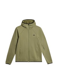 Khaki kurtka na zamek z kapturem, czarnymi wykończeniami, bocznymi kieszeniami i logo na piersi. Charakteryzuje się gładką, miękką fakturą oraz ergonomicznym kształtem.
