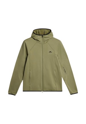 Khaki kurtka na zamek z kapturem, czarnymi wykończeniami, bocznymi kieszeniami i logo na piersi. Charakteryzuje się gładką, miękką fakturą oraz ergonomicznym kształtem.