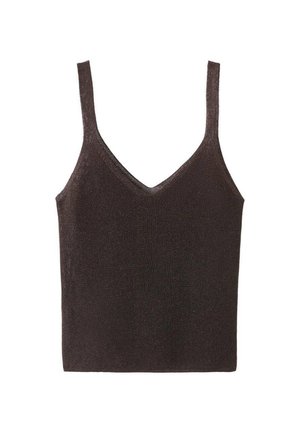 Brown, sleeveless knit tank top with a V-neck design, featuring a smooth, slightly shiny texture and a fitted silhouette.