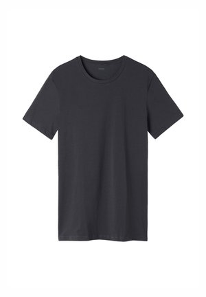 Koszulka z krótkim rękawem w ciemnoszarym kolorze z bawełny, z okrągłym dekoltem, gładką fakturą i prostym wykończeniem. Brak widocznych wzorów lub akcentów.