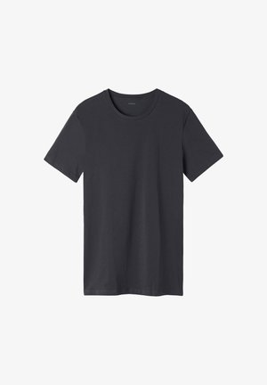 Krátký rukáv tričko v tmavě šedé bavlně s kulatým výstřihem, hladkým povrchem a rovnými lemy. Bez viditelných vzorů nebo akcentů.