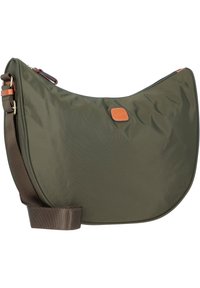 Borsa a spalla verde in nylon con forma curvata e tracolla in tessuto marrone. Presenta un accento in pelle e una chiusura con zip per una conservazione sicura.