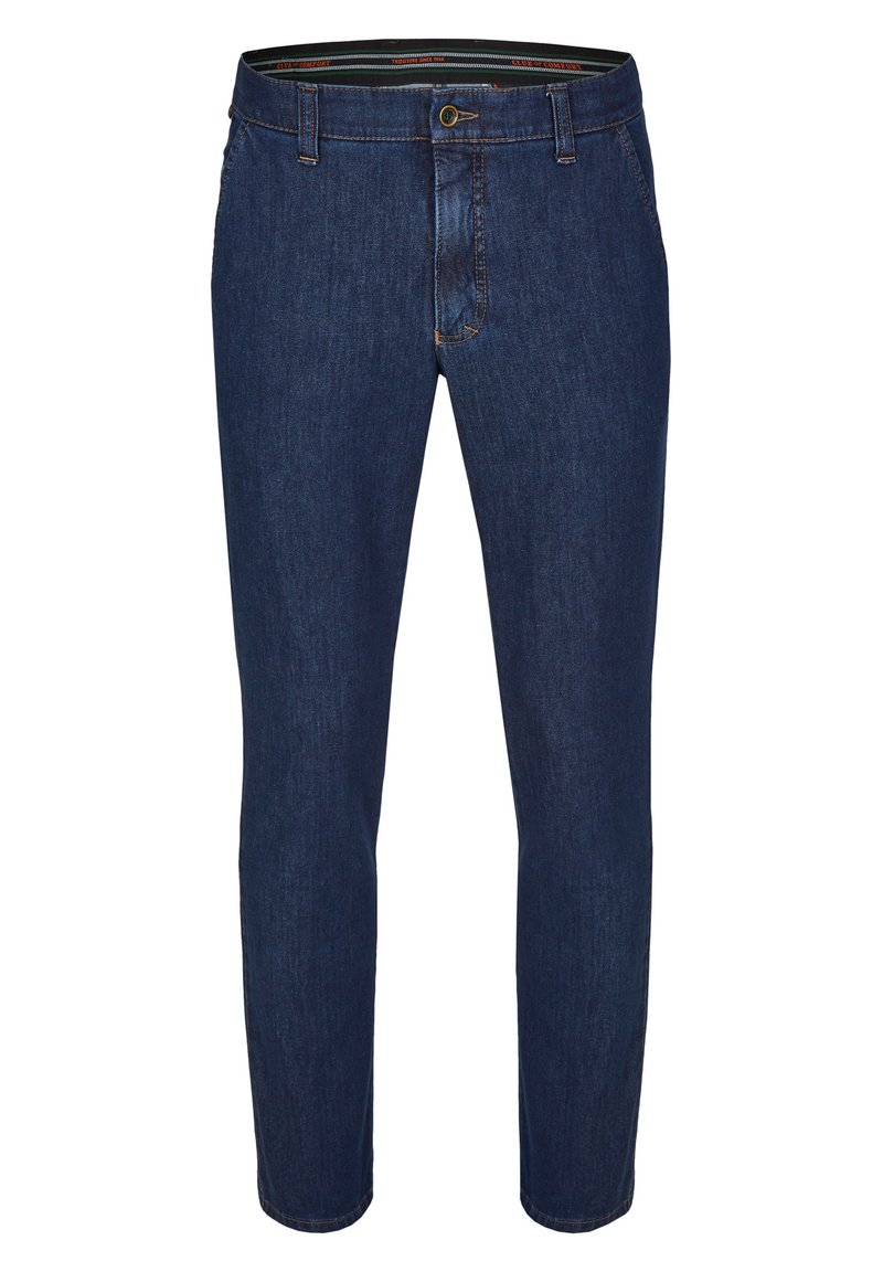 Donkerblauwe denim jeans met een rechte pasvorm, voorzien van een knoopsluiting, riemlussen en een klassieke vijf-pocket stijl. Glad textuur.