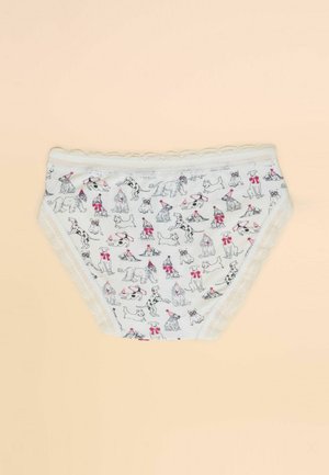 Weißer Baumwollunterwäsche mit einem sich wiederholenden Muster von verschiedenen Hunden in verspielten Posen, akzentuiert mit rosa Schleifen und Spitzenrand.