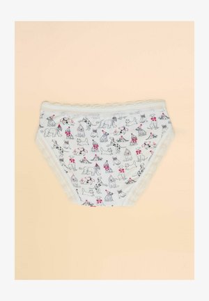 Hvide bomuldsunderbukser med et gentagende mønster af forskellige hunde i legesyge stillinger, pyntet med lyserøde sløjfer og blondekant.