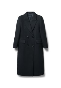 Cappotto nero in lana doppiopetto con revers, due tasche frontali e bottoni neri lucidi, caratterizzato da una silhouette dritta e un design sartoriale.
