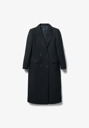 Cappotto nero in lana doppiopetto con revers, due tasche frontali e bottoni neri lucidi, caratterizzato da una silhouette dritta e un design sartoriale.