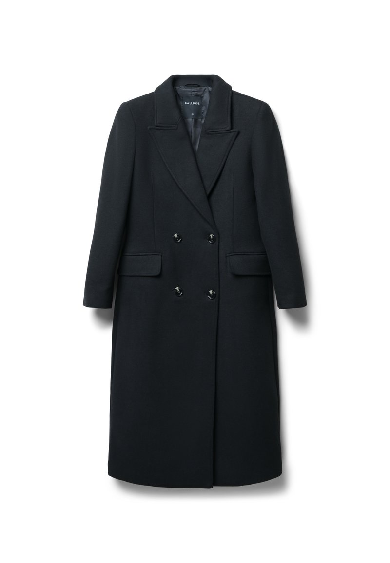 Cappotto nero in lana doppiopetto con revers, due tasche frontali e bottoni neri lucidi, caratterizzato da una silhouette dritta e un design sartoriale.