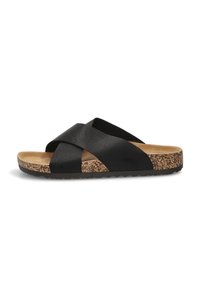 Sandalia deslizante de cuero negro con diseño de tiras entrelazadas, suela de corcho y acabado texturizado. Plantilla plana para mayor comodidad.