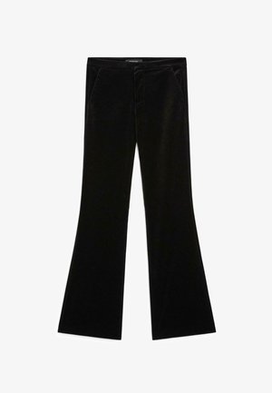 Zwarte fluwelen flarebroek met een soepele textuur, voorzien van twee vo pockets en een aansluitende taille, ontworpen voor een gestroomlijnd silhouet.