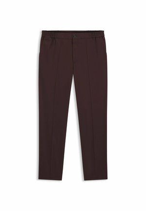 Bruine pantalon op maat met een elastische tailleband, voorvouwen en een enkele knoopsluiting. Het materiaal oogt glad met een matte afwerking.