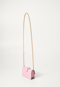 Liten rosa lær crossbody-veske med gullkjede-stropp og klaff-lukking, plassert mot en enkel hvit bakgrunn.
