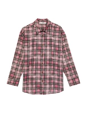Long-sleeve button-up shirt with pink, black, and white plaid pattern, featuring a classic collar and brown buttons down the front.
