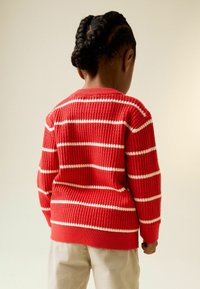 Roter Strickpullover mit weißen horizontalen Streifen; verfügt über einen Rundhalsausschnitt, gerippte Bündchen und einen strukturierten Stoff. Rückansicht.