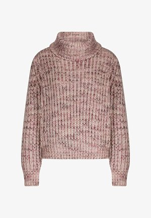 Großer Strickpullover mit Rollkragen in gemischten Rosa- und Cremetönen, langen Ärmeln sowie ribbelten Bündchen und Saum.