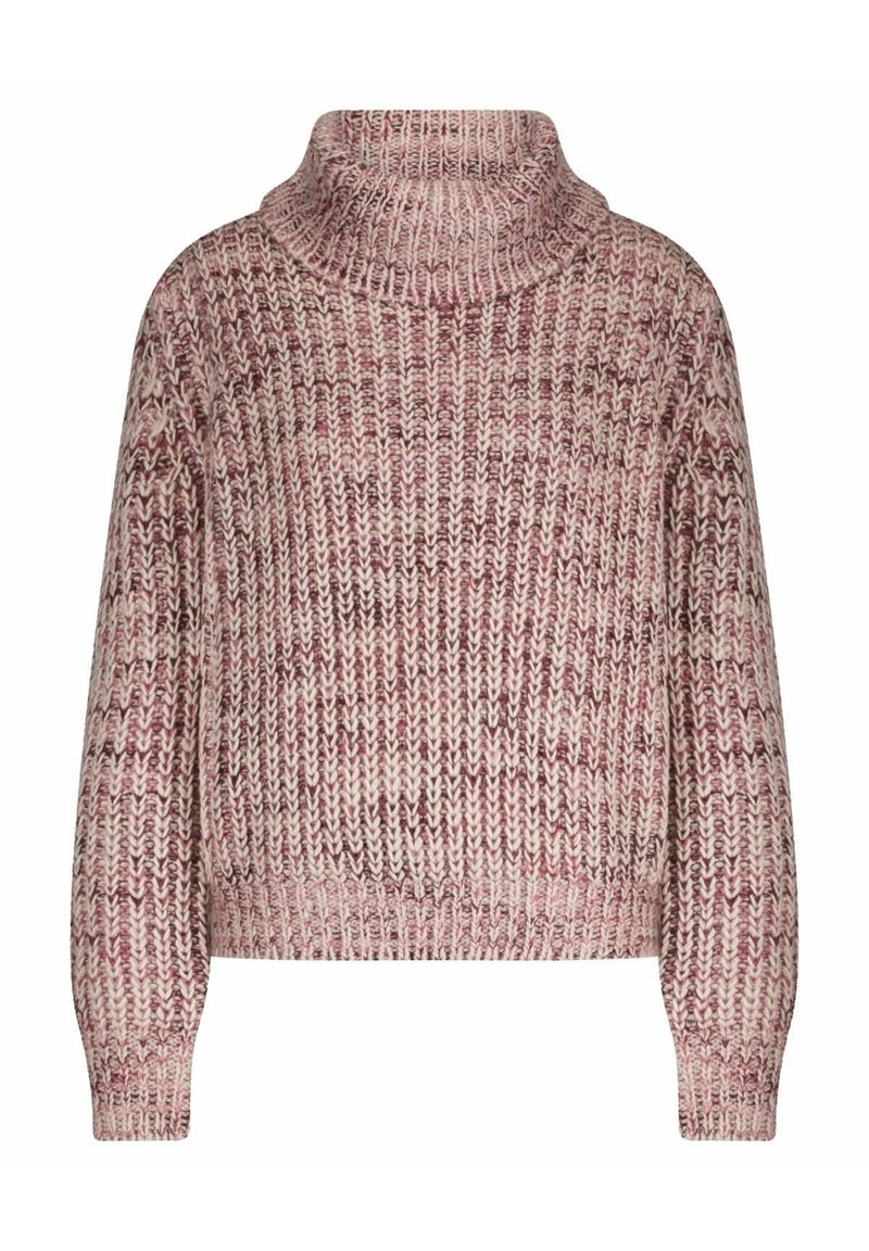 Dik gebreide turtleneck trui in gemengde tinten van roze en crème, met lange mouwen en geribde manchetten en zoom.