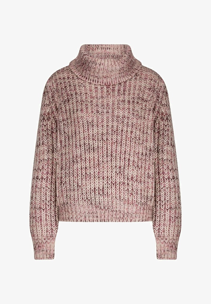 Chunky knit turtleneck sweater in mixed shades of pink and cream with long sleeves and ribbed cuffs and hem.