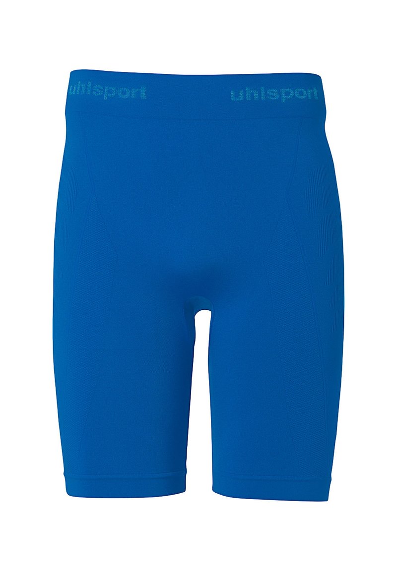 Shorts de sport bleus en tissu stretch, présentant une couleur unie, une forme ajustée et une ceinture texturée avec le logo "uhlsport".