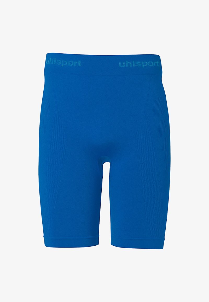 Shorts de sport bleus en tissu stretch, présentant une couleur unie, une forme ajustée et une ceinture texturée avec le logo "uhlsport".