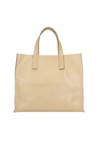 Beige leren tote bag met twee handvatten aan de bovenkant, rechthoekige vorm, gladde textuur en minimale stiksels. Bevat geen zichtbare hardware of accenten.