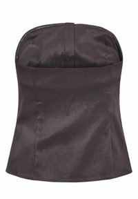 Top nero senza spalline con una texture liscia e satinata, caratterizzato da cuciture e un taglio dritto all'orlo per una silhouette aderente.