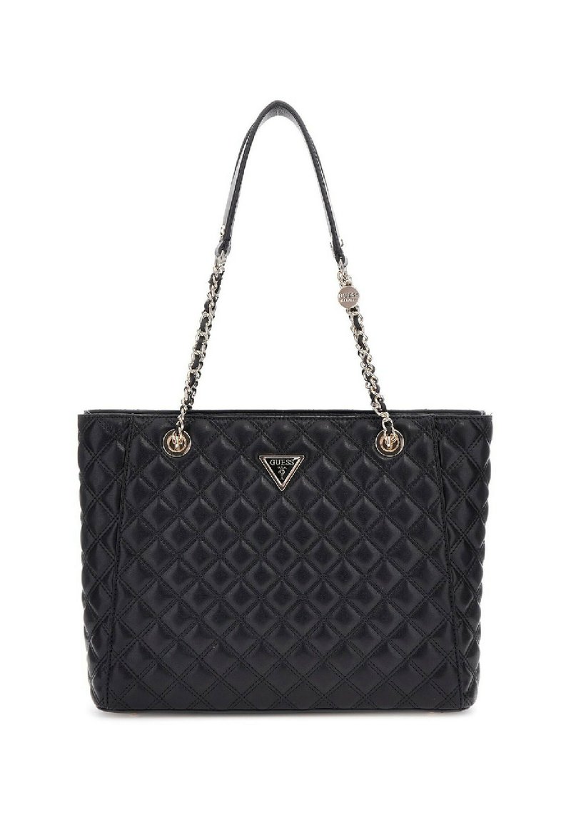 Borsa a tracolla nera trapuntata con un design strutturato, dotata di manici a catena e di un accentuato logo metallico sul davanti.