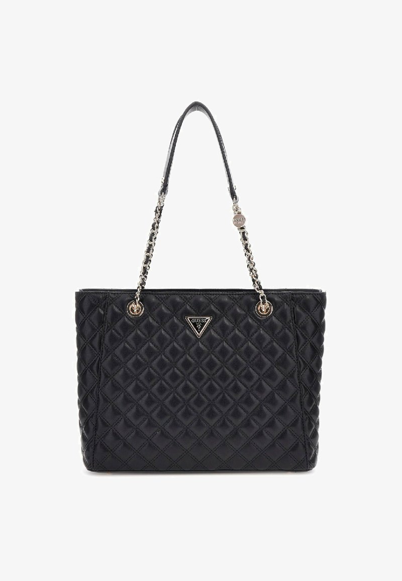 Borsa a tracolla nera trapuntata con un design strutturato, dotata di manici a catena e di un accentuato logo metallico sul davanti.