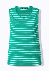Top sans manches vert avec des rayures horizontales blanches, présentant un décolleté en V et une texture de tissu douce et lisse.
