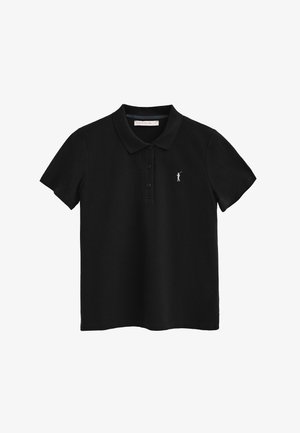 Schwarzes Polo-Shirt aus Baumwolle mit weicher Textur, ausgestattet mit einer Knopfleiste mit drei Knöpfen und einem kleinen weißen Logo auf der linken Brust.