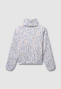 Knitted sweater with a high collar, featuring a white base with colorful speckles in blue, purple, and yellow, and a textured finish.
