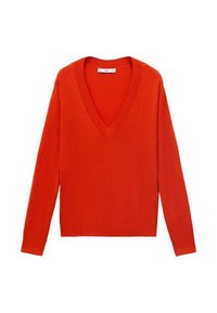 Rode V-hals trui met lange mouwen en een relaxed fit. Gemaakt van een zachte gebreide stof, met subtiele ribbelaccenten aan de zoom en mouwen.