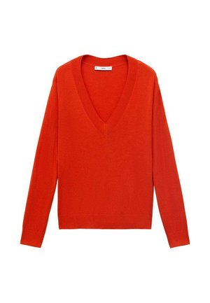Rode V-hals trui met lange mouwen en een relaxed fit. Gemaakt van een zachte gebreide stof, met subtiele ribbelaccenten aan de zoom en mouwen.