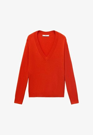 Roter V-Ausschnitt-Pullover mit langen Ärmeln und lockerer Passform. Hergestellt aus weichem Strickmaterial und mit dezenten Rippdetails am Saum und an den Bündchen.