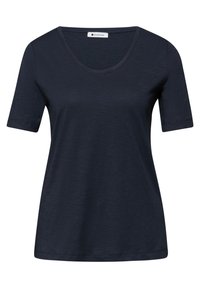 T-shirt bleu marine à manches courtes pour femme, avec encolure dégagée et coupe ajustée, présenté sur fond blanc.