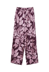 Pantalon en tissu violet avec un motif floral rose, design à jambes larges, taille élastique et texture lisse.