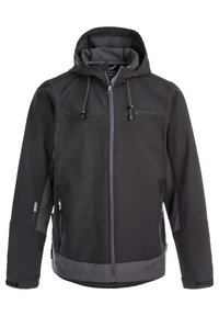 Veste softshell noire avec capuche, fermeture éclair devant, deux poches zippées, poignets réglables et accents gris sur l'ourlet et la doublure intérieure de la capuche.