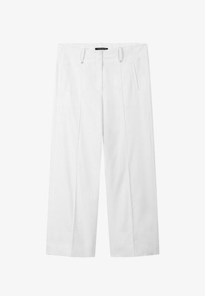 White wide-leg trousers with front pleats, side pockets, and belt loops, displayed flat on a white background.