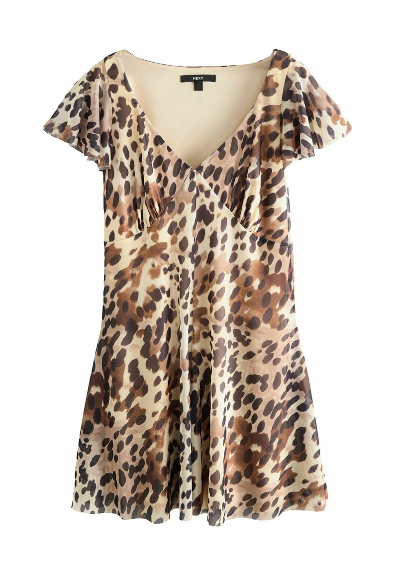 Haljina s printom leopard jaku sa kratkim volanima, V-izrezom i lepršavom suknjom. Tkanina sadrži razne nijanse smeđe i bež.