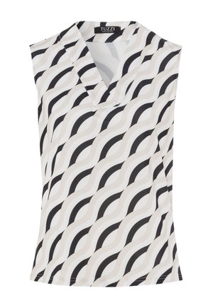 Sleeveless top in cream, black, and gray wave pattern. Made of smooth fabric with a V-neck design, featuring a straight hem and no embellishments.