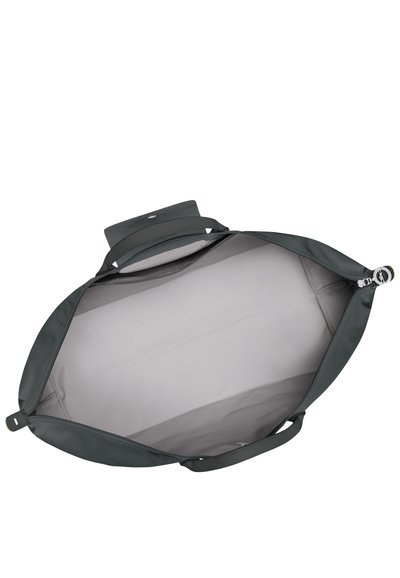 Grey fabric bag with a wide opening, featuring a smooth interior and two sturdy handles. The zipper closure has a sleek metal pull.