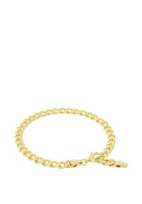 Pulsera de cadena en tono dorado con eslabones entrelazados y cierre de langosta, exhibida sobre un fondo blanco.