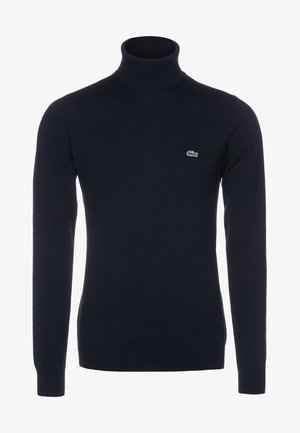 Pull noir à col roulé à manches longues avec un petit logo crocodile vert sur le côté gauche de la poitrine, ajusté et en maille unie.