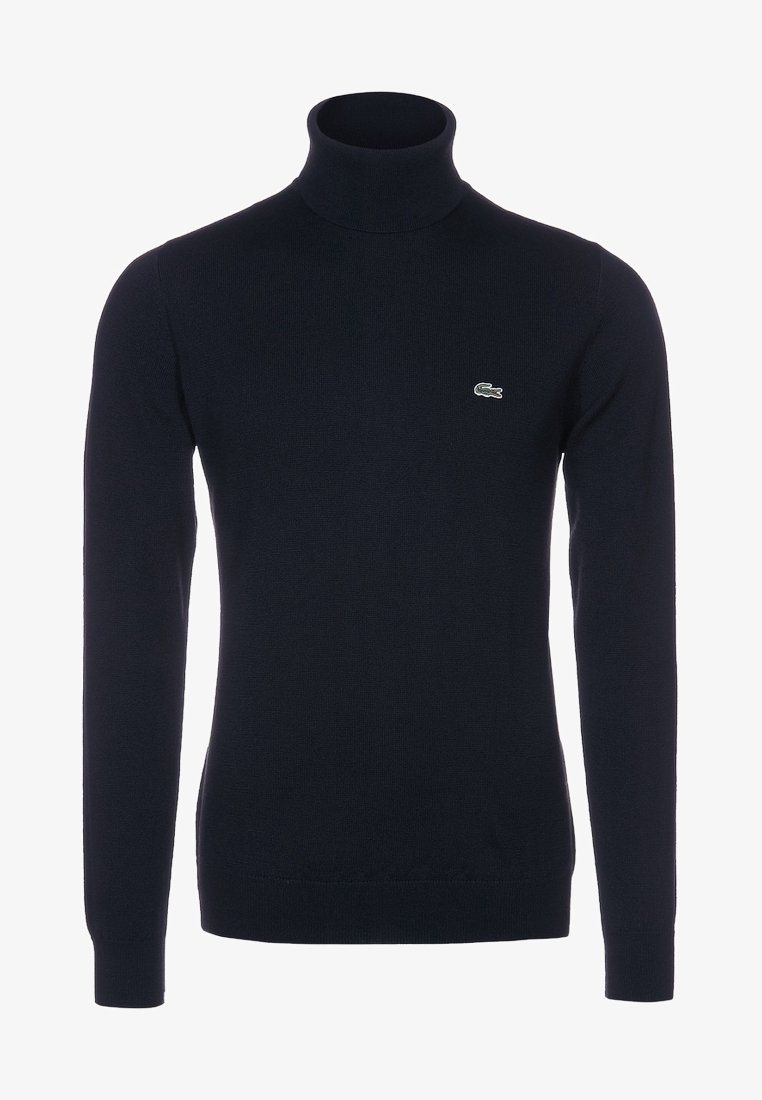 Pull noir à col roulé à manches longues avec un petit logo crocodile vert sur le côté gauche de la poitrine, ajusté et en maille unie.