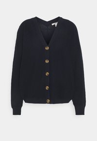 Cardigan lavorato a maglia blu navy con scollo a V, dotato di sei bottoni dorati lungo la parte anteriore e polsini e orlo a costine. Dettaglio in tessuto a trama.